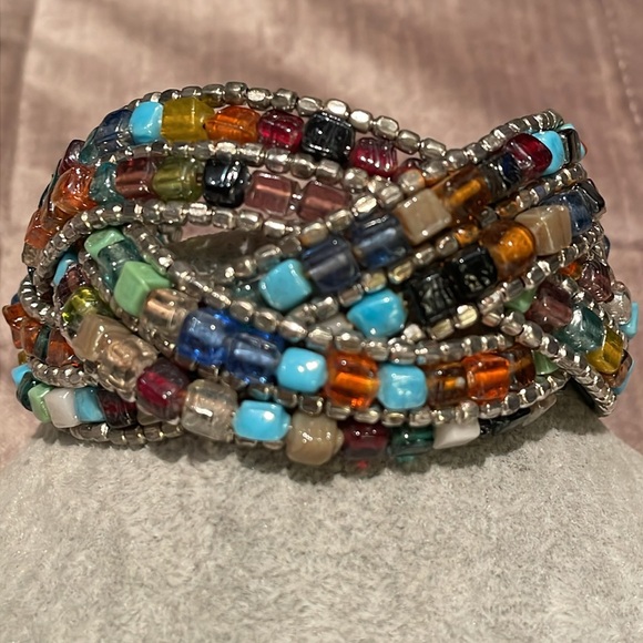 Glass Beaded Cuff Bracelet multicolored 6.5-8.5” - Picture 1 of 6